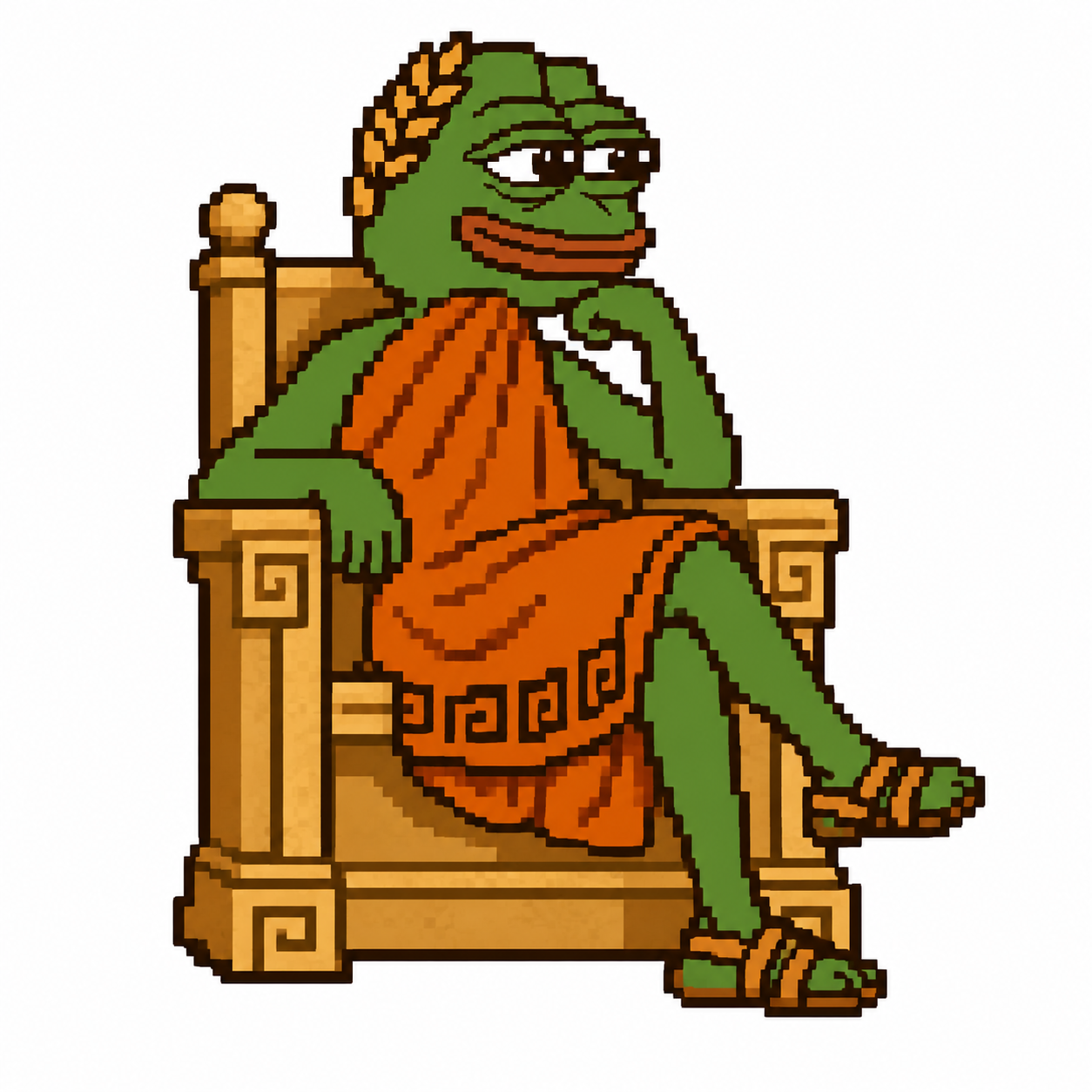 Pepe Olympus wearing a golden laurel crown on his throne